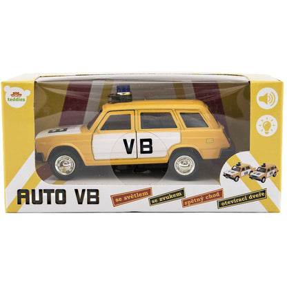 Policejní auto VB combi kov-plast 11,5 cm na zpětné natažení na baterie se zvukem v krabičce 15 x 7x 7 cm