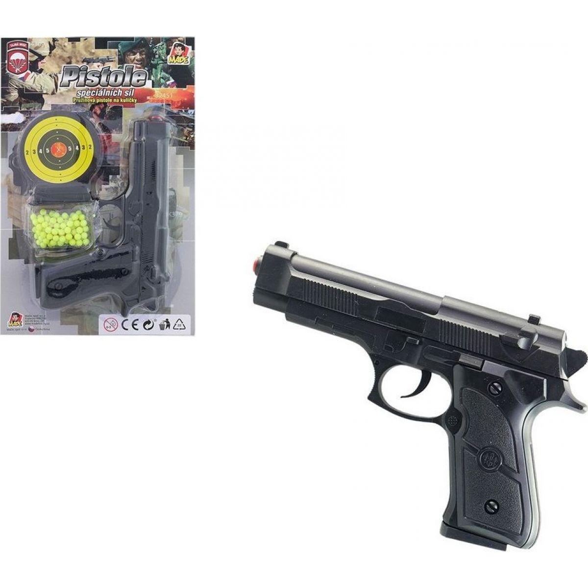 Pistolka na kartě s náhradními kuličkami 18 cm
