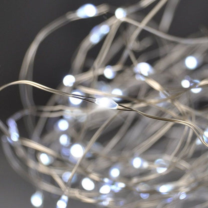 Vánoční řetěz stříbrný, 100 x mini LED, 10 m, 3 x AAA, studené světlo