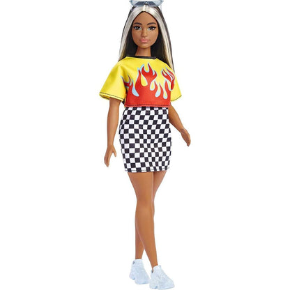 Barbie modelka 30 cm - ohnivé tričko a kostkovaná sukně