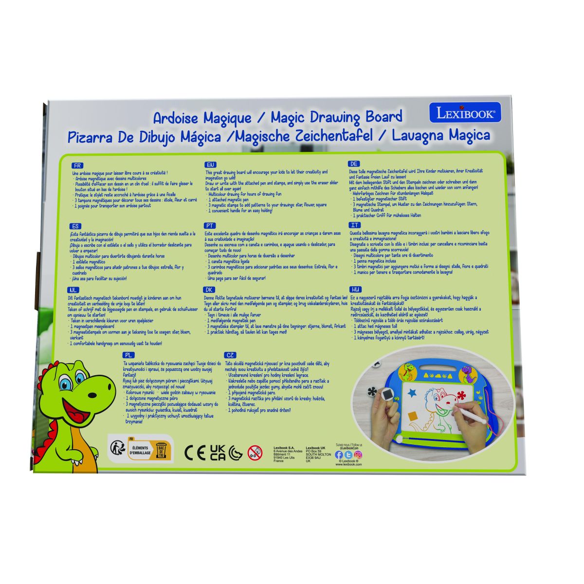 Lexibook Vícebarevná kreslící tabulka Dinosauři s razítky