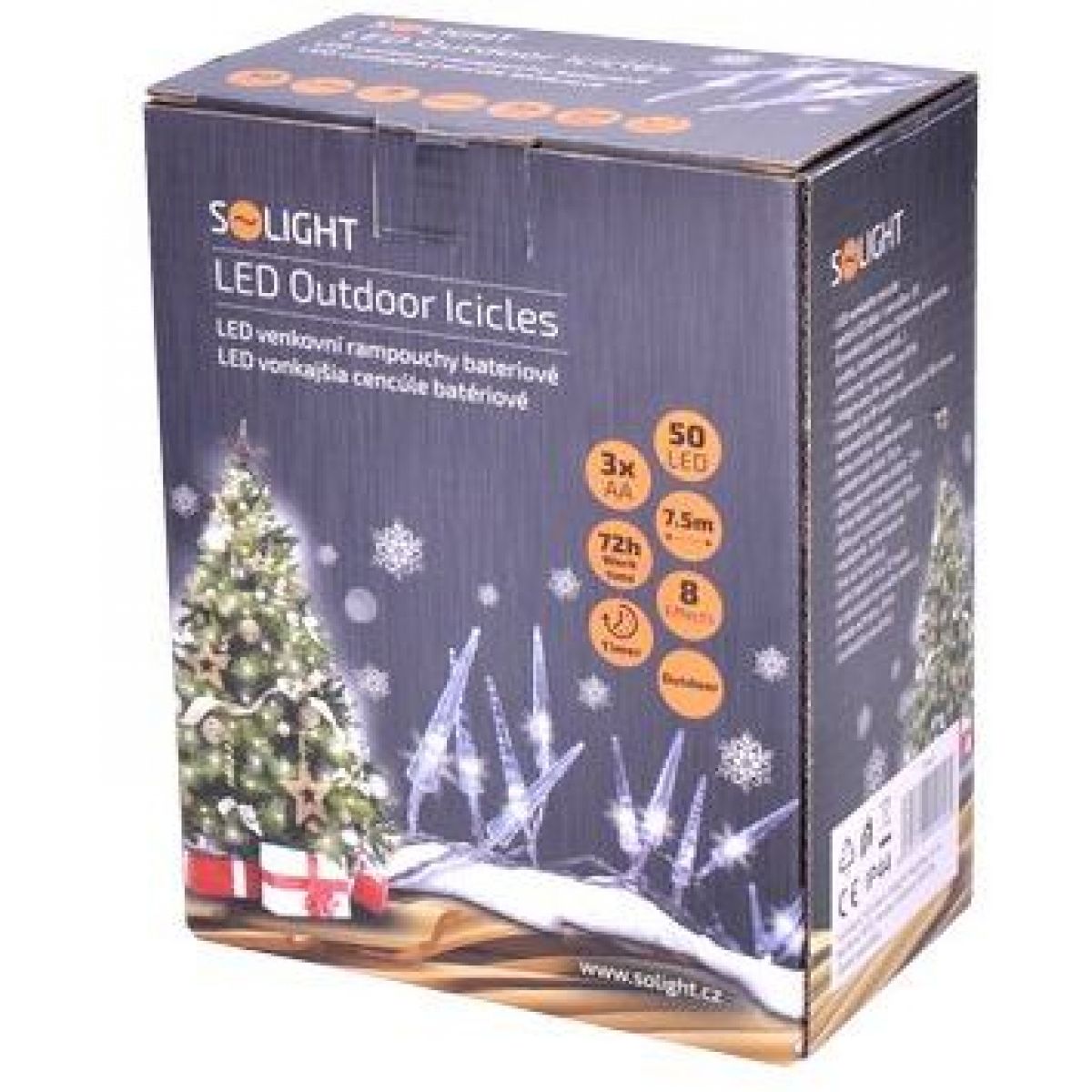 LED venkovní rampouchy, 50 LED, časovač, 8 funkcí, IP44, 3 x AA baterie