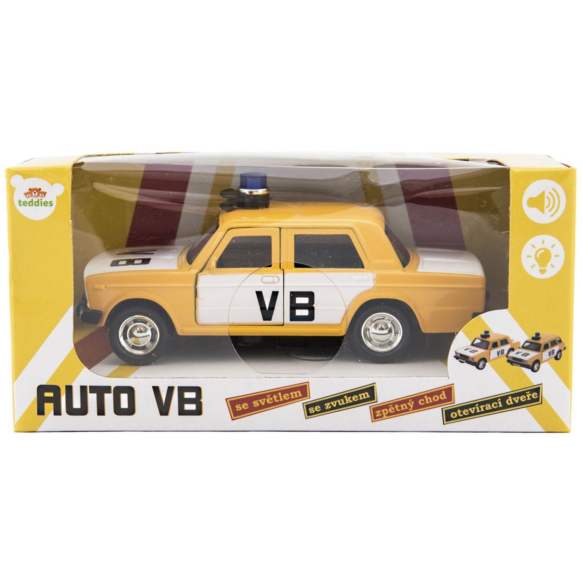 Policejní auto VB kov-plast 11,5 cm na zpětné natažení na baterie se zvukem v krabičce 15 x 7 x 7cm