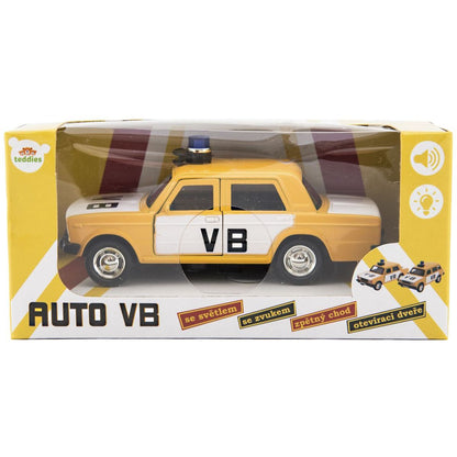 Policejní auto VB kov-plast 11,5 cm na zpětné natažení na baterie se zvukem v krabičce 15 x 7 x 7cm