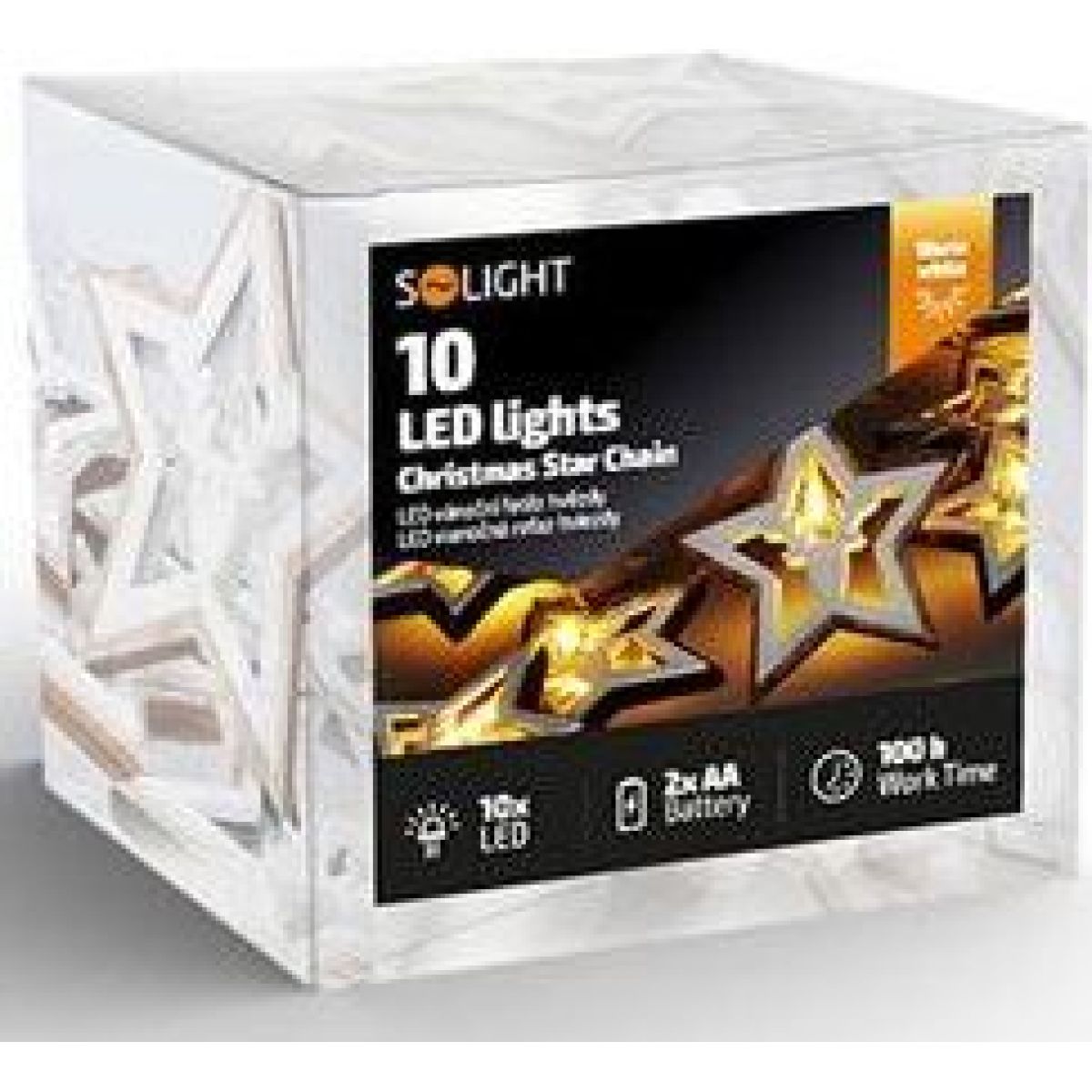 LED vánoční řetěz hvězdy, 10 x LED, dřevo, 1,5 m, 2 x AA