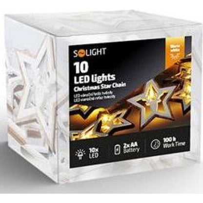 LED vánoční řetěz hvězdy, 10 x LED, dřevo, 1,5 m, 2 x AA