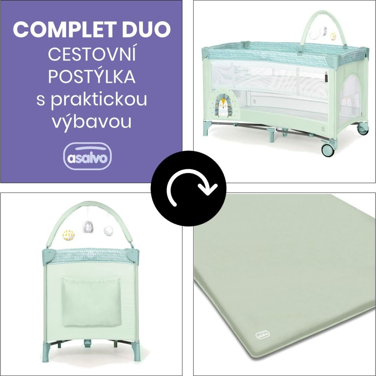Asalvo COMPLET DUO cestovní postýlka s druhým dnem a hrazdičkou, hedgehog