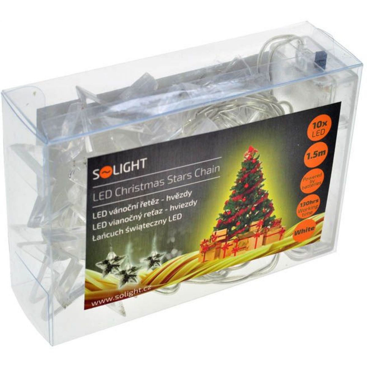 LED vánoční řetěz, hvězdy, 1,5 m, 10 LED, 2 x AA, bílé světlo