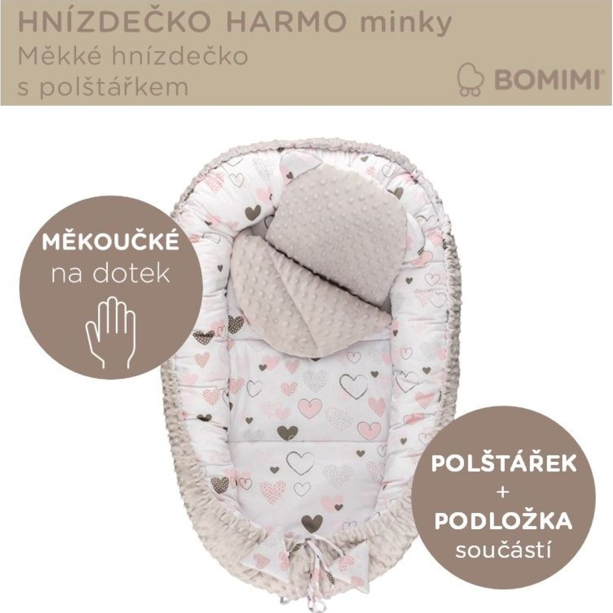 Bomimi Harmo Hnízdečko s polštářkem minky, srdíčka šedá