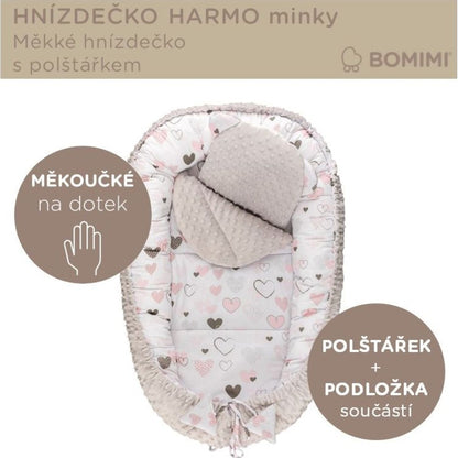 Bomimi Harmo Hnízdečko s polštářkem minky, srdíčka šedá