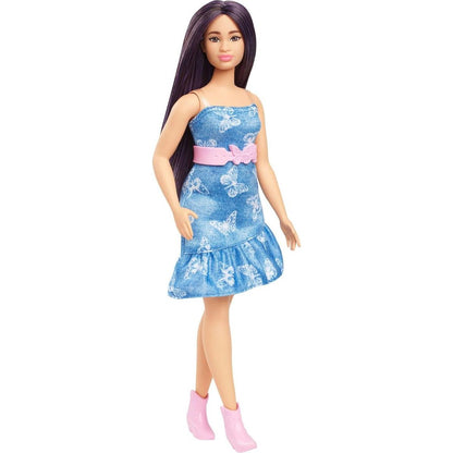 Barbie Modelka - modré šaty s motýlky