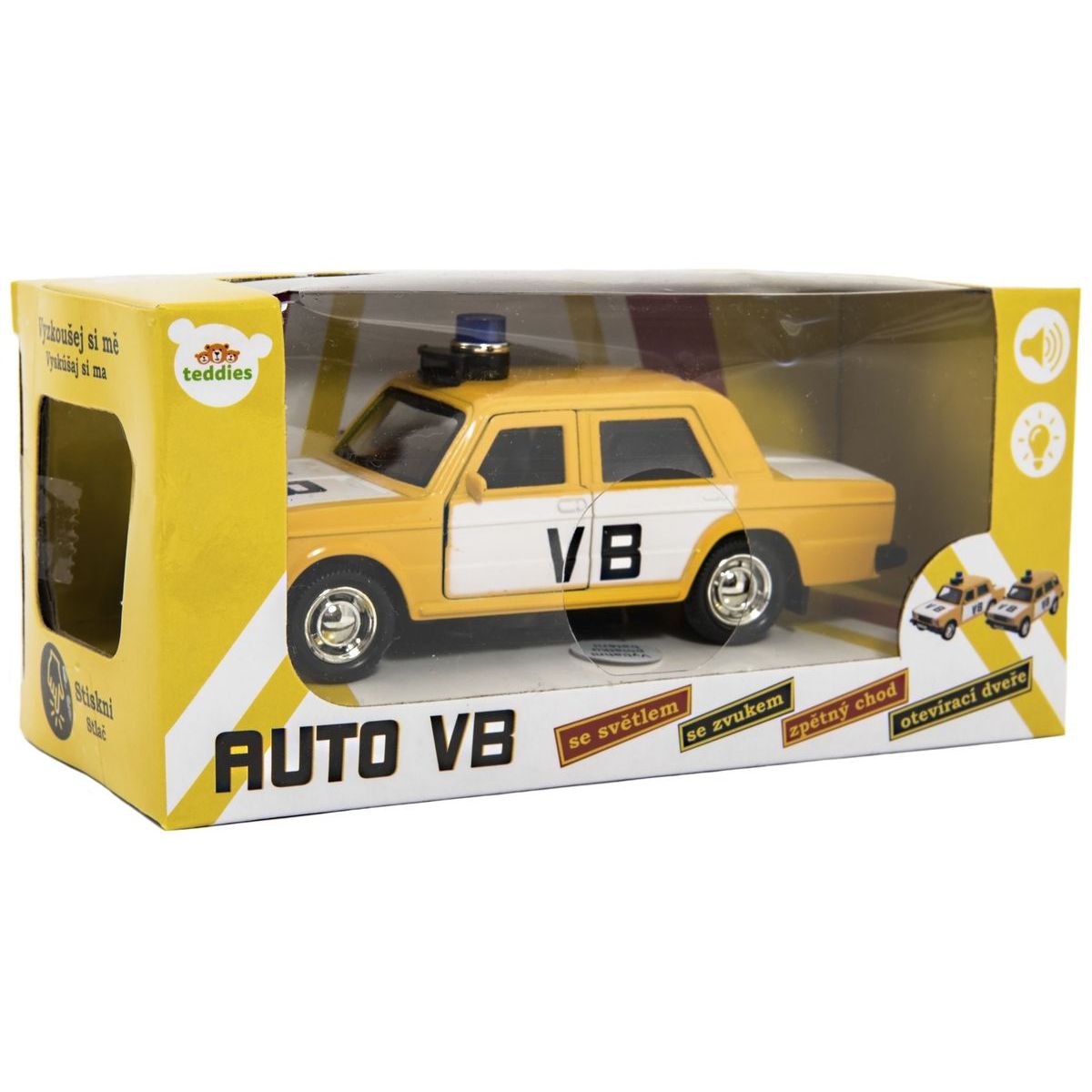 Policejní auto VB kov-plast 11,5 cm na zpětné natažení na baterie se zvukem v krabičce 15 x 7 x 7cm