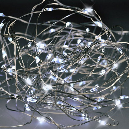 Vánoční řetěz stříbrný, 100 x mini LED, 10 m, 3 x AAA, studené světlo