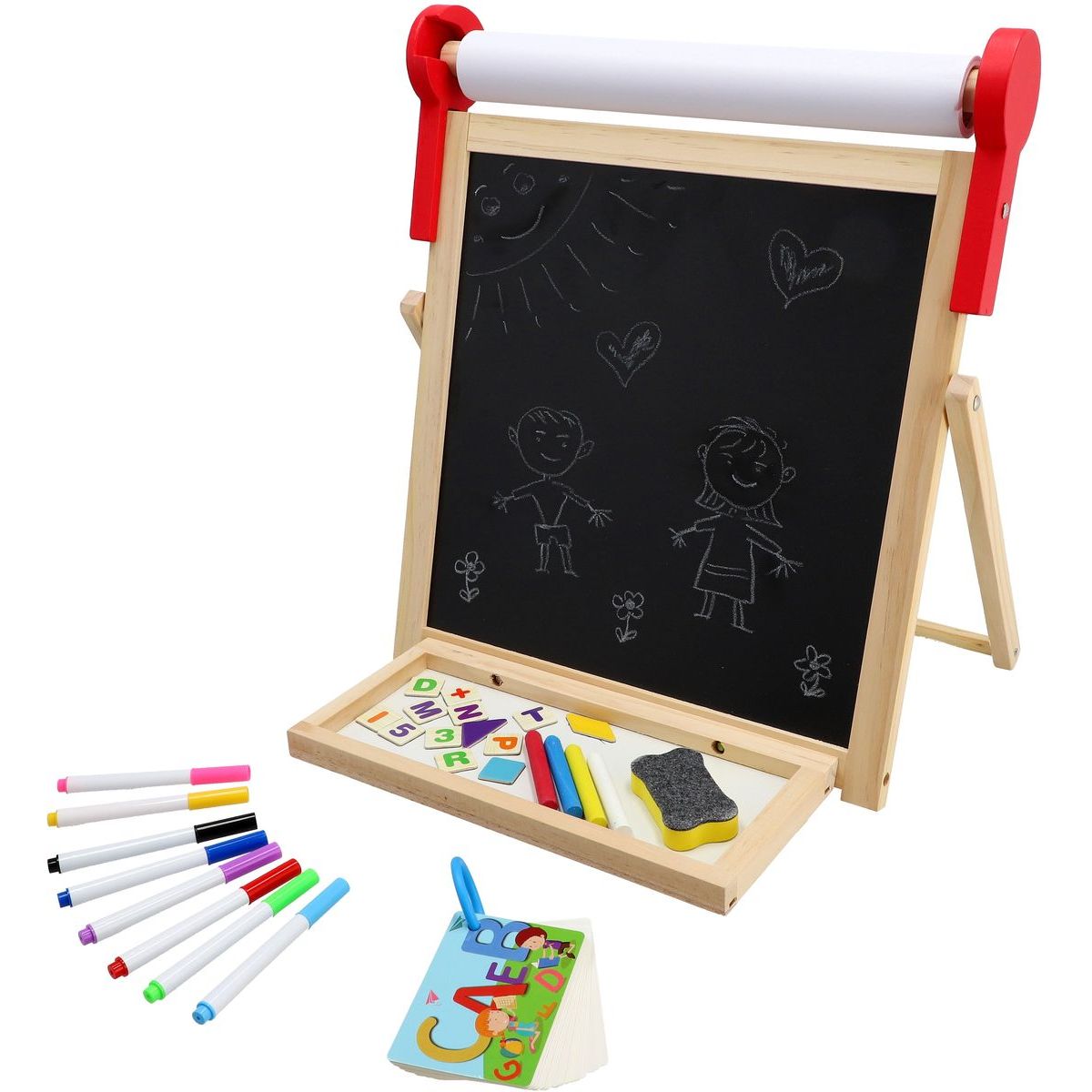 Teddies Tabule oboustranná magnetická dřevo černá-bílá 33x33cm s rolí papíru s doplňky v krabici 37x43cm