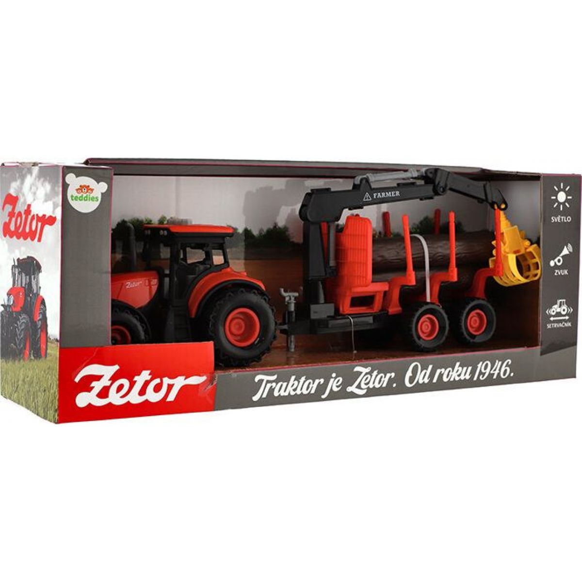 Traktor Zetor s vlekem s naklád. ramenem plast 36 cm na setrvačník se svět. a zvuk. efekty