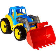 Traktor-nakladač-bagr se lžící plast na volný chod modrý