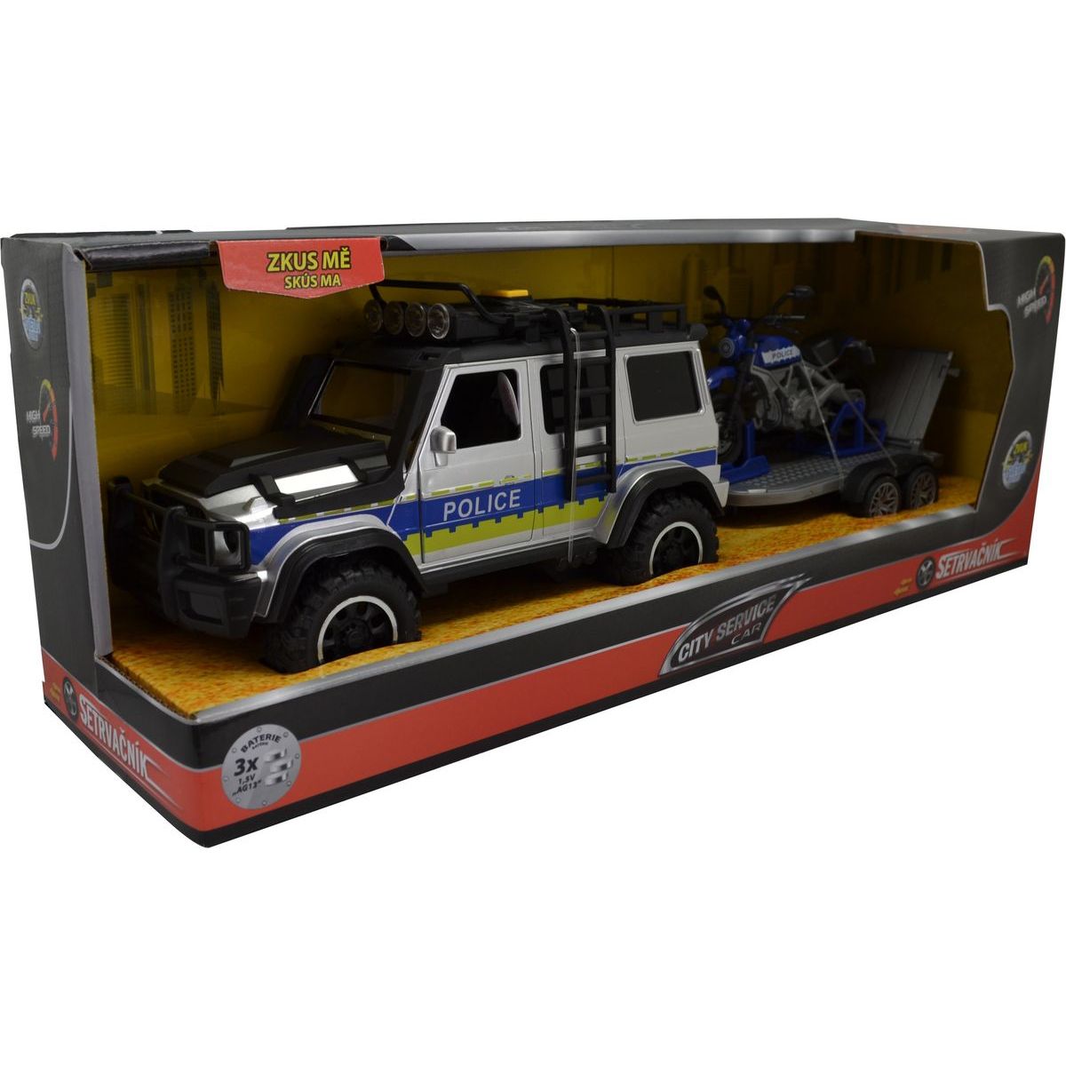 Sparkys CITY SERVICE CAR - 1:14 - Policejní auto s přívěsem a motorkou (se zvukem a světly)