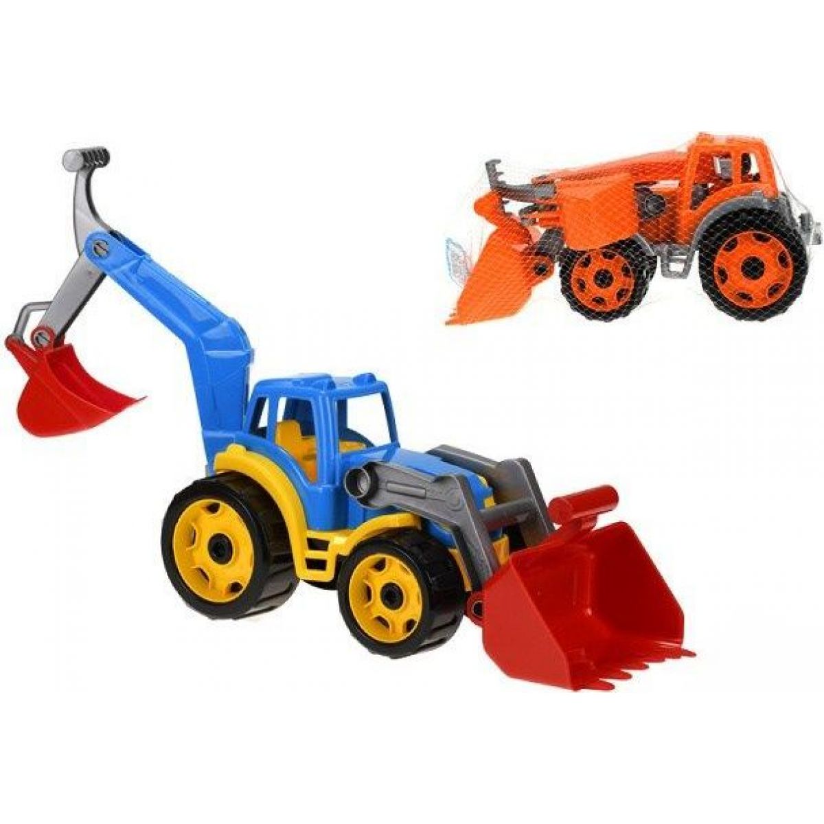 Traktor-nakladač-bagr se 2 lžícemi plast na volný chod modrý