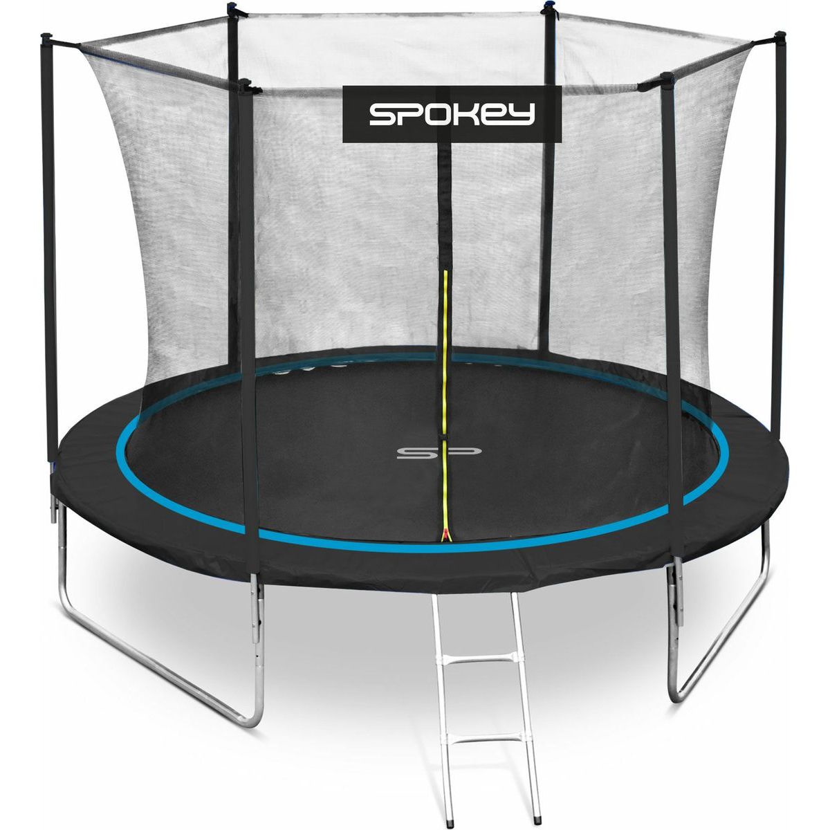Spokey Jumper Trampolína černo-modrá, průměr 244 cm s ochrannou sítí a žebříkem