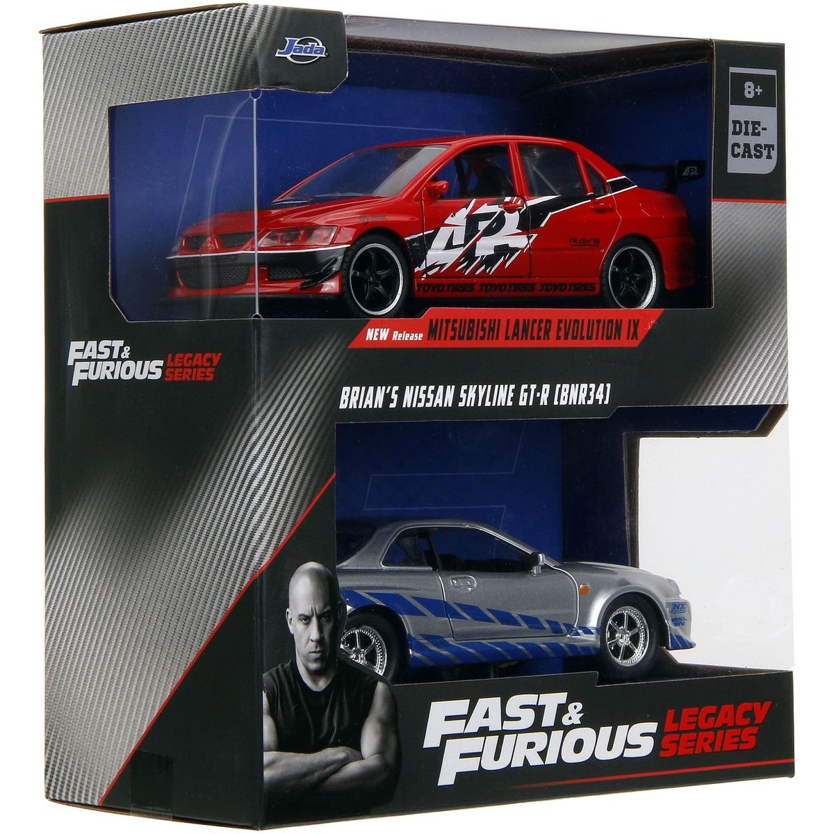 Rychle a zběsile Twin Pack 2006 Mitsubishi Lancer Evo IX + Brianův 2002 Nissan Skyline GTR R34, 1:32 Wave