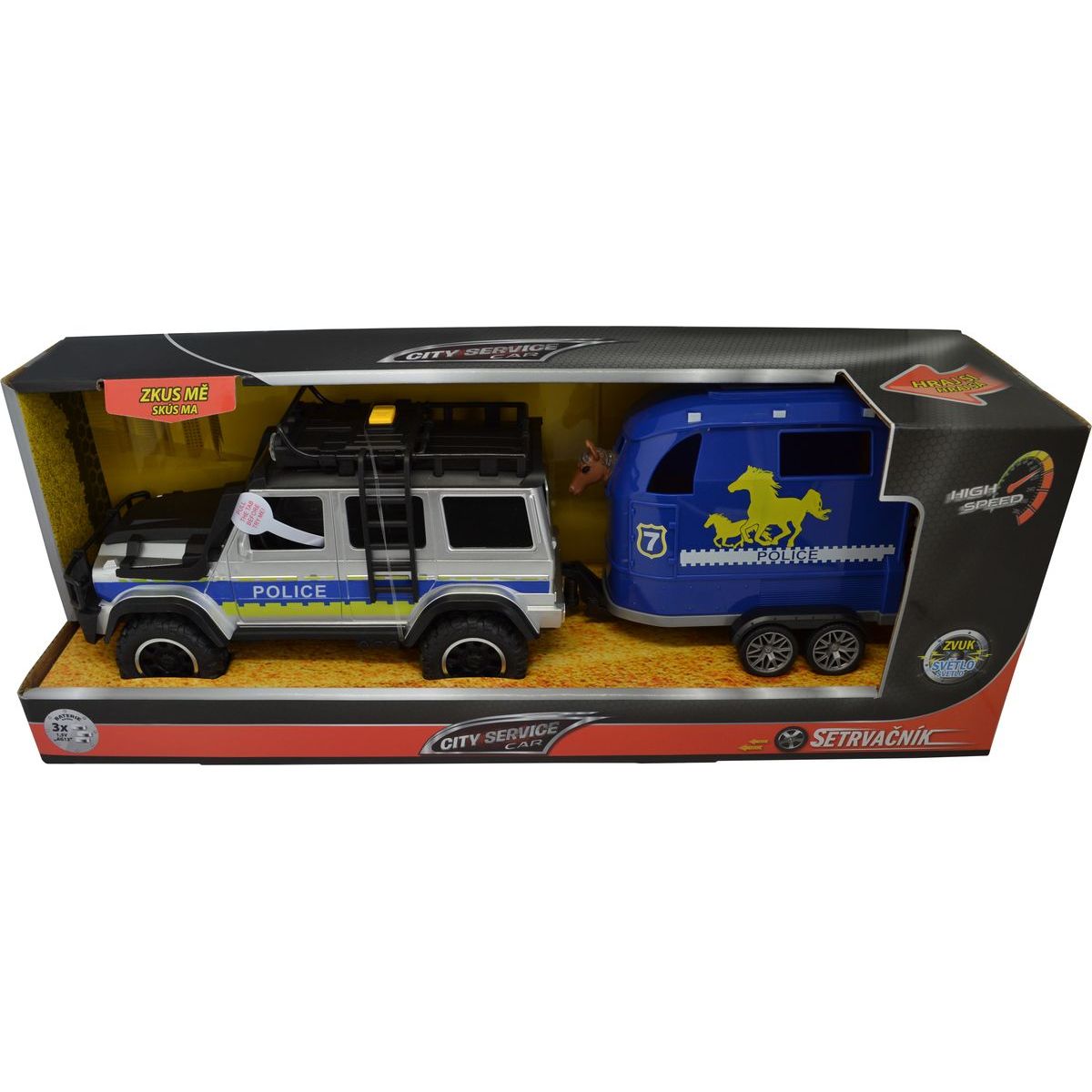 Sparkys CITY SERVICE CAR - 1:14 - Policejní auto s přívěsem a koněm (se zvukem a světly)