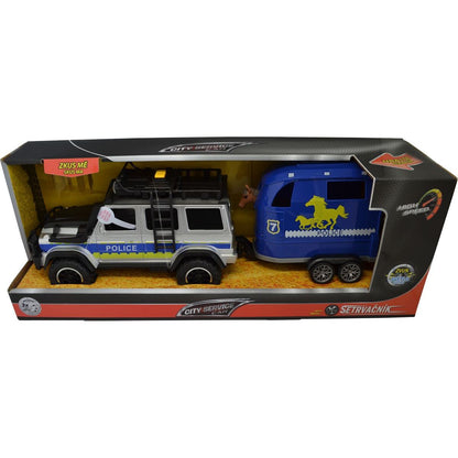 Sparkys CITY SERVICE CAR - 1:14 - Policejní auto s přívěsem a koněm (se zvukem a světly)