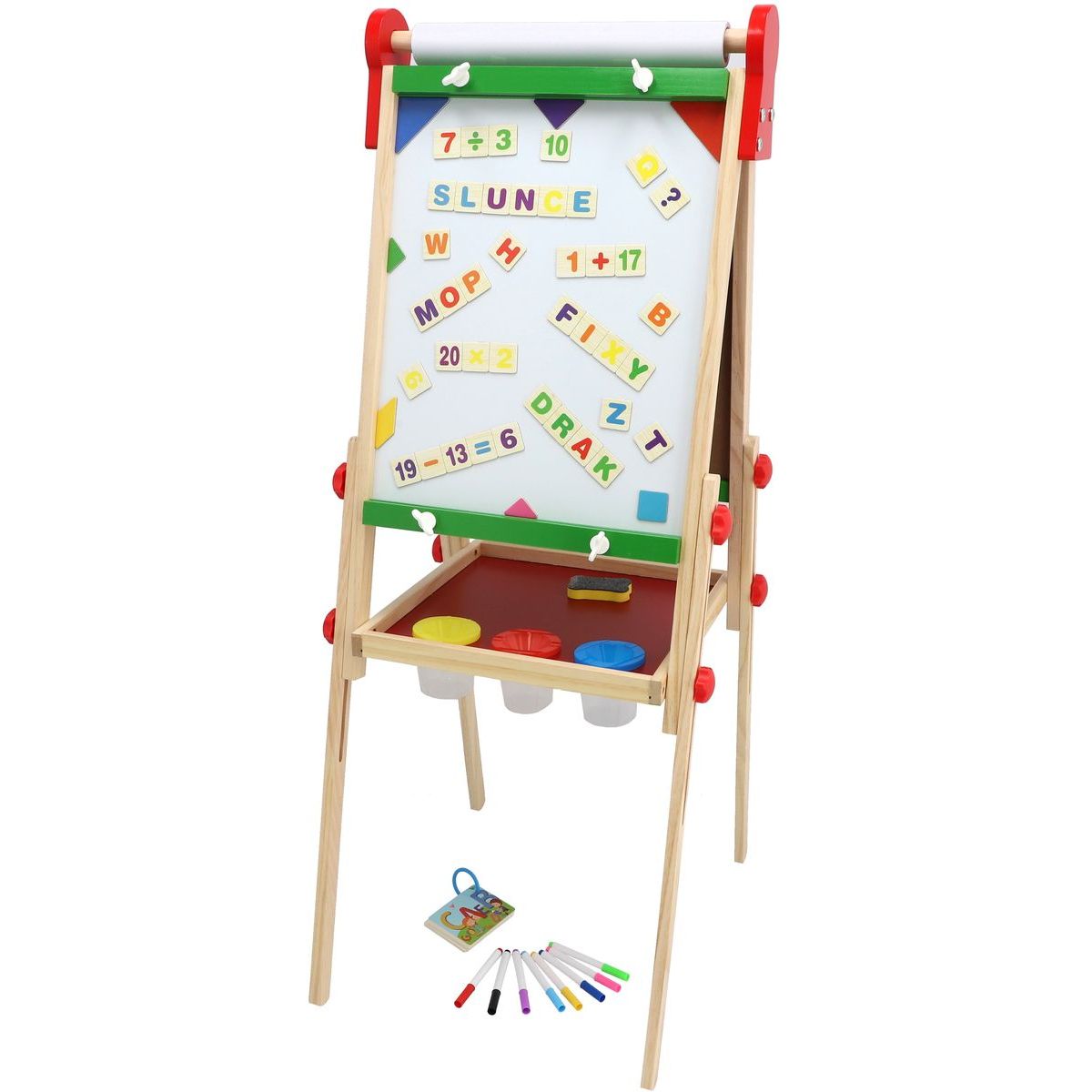 Teddies Tabule oboustranná magnetická dřevo černá-bílá 35x43cm s rolí papíru s doplňky v krabici 40x61cm