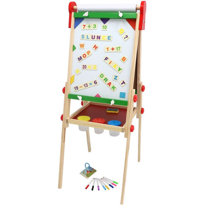 Teddies Tabule oboustranná magnetická dřevo černá-bílá 35x43cm s rolí papíru s doplňky v krabici 40x61cm