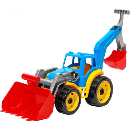 Traktor-nakladač-bagr se 2 lžícemi plast na volný chod modrý