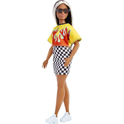 Barbie modelka 30 cm - ohnivé tričko a kostkovaná sukně